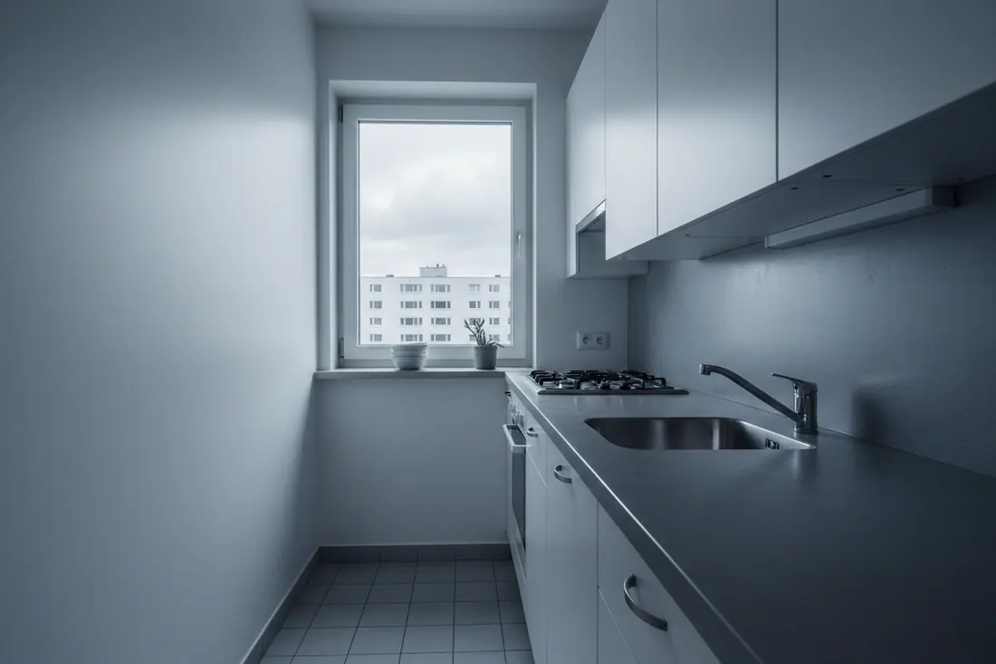 Petite cuisine d'appartement propre avec plinthes carrelées