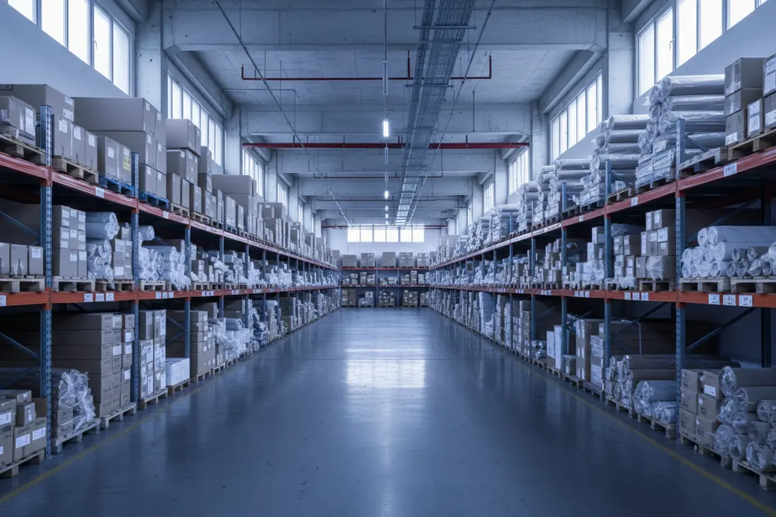 Entrepôt de commerce de gros avec rayonnages et rouleaux de tissu