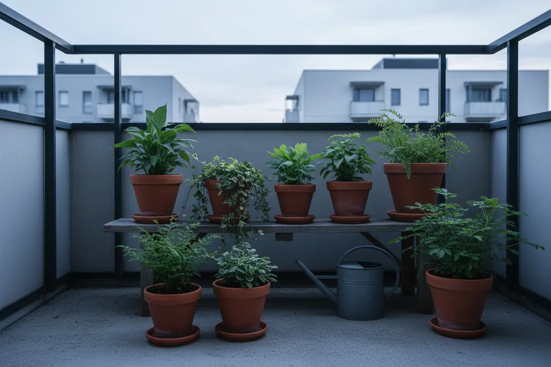 Balcon avec pots de fleurs, soucoupes et arrosoir