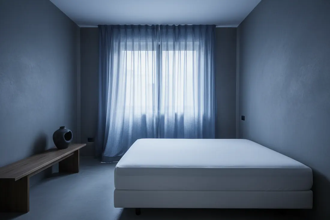 Chambre d'appartement ordonnée avec housse de matelas blanche