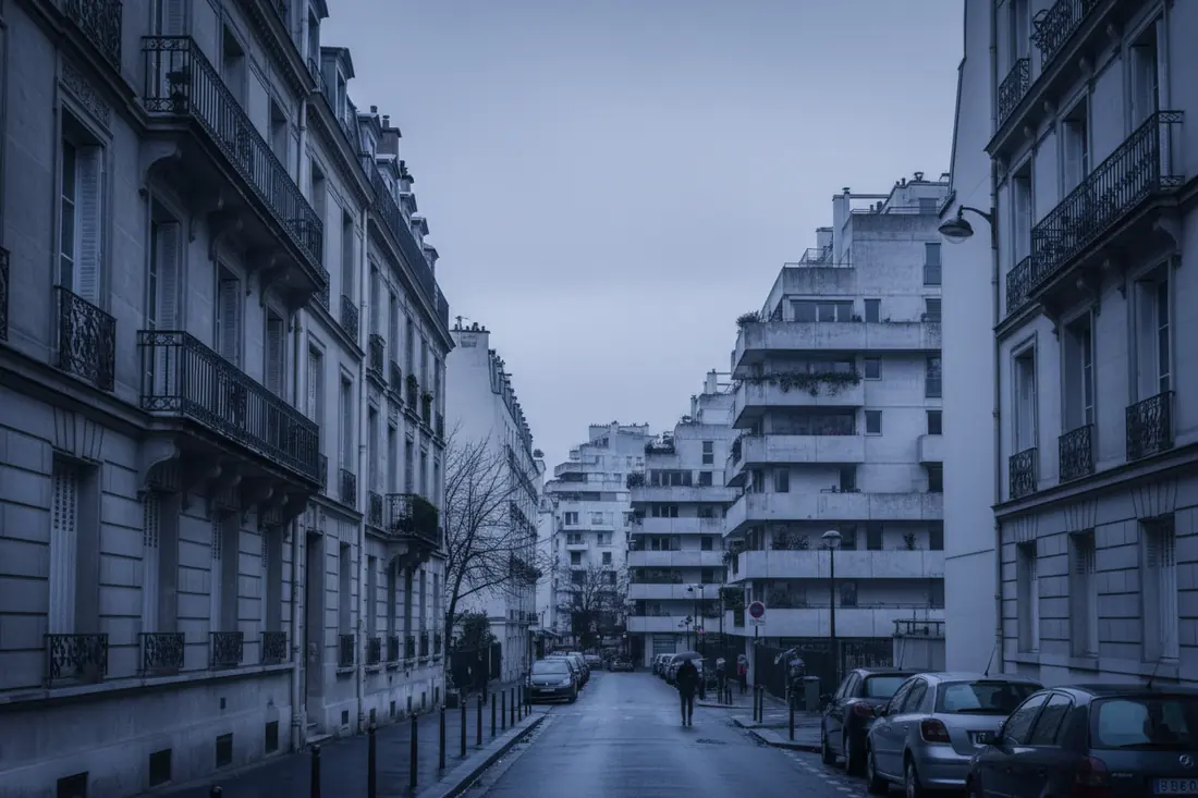 Rue avec immeubles anciens et logements en terrasses en béton au fond